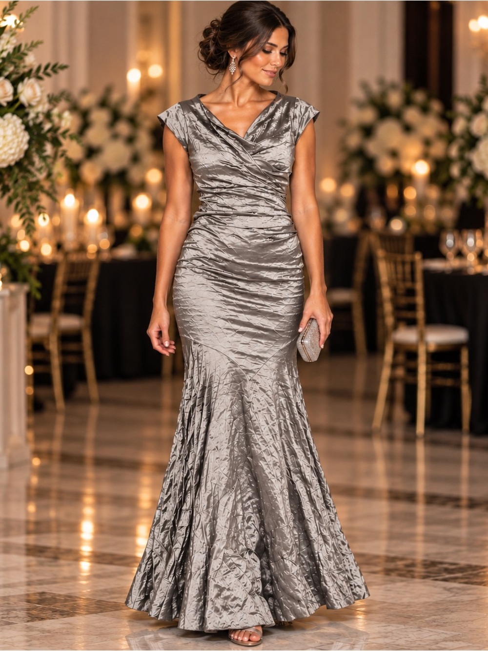 Nicole Miller Techno Metal Silver Metallic Ruched Mermaid Formal Elegant Gown 0